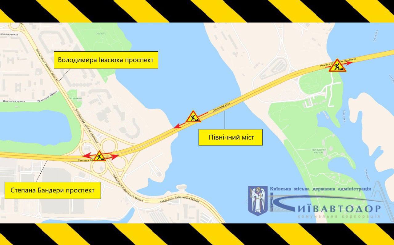 Traffic restriction on the overpass at the intersection of Stepan Bandera Avenue and Volodymyr Ivasyuk Avenue in both directions will be in effect from April 27, 2024.