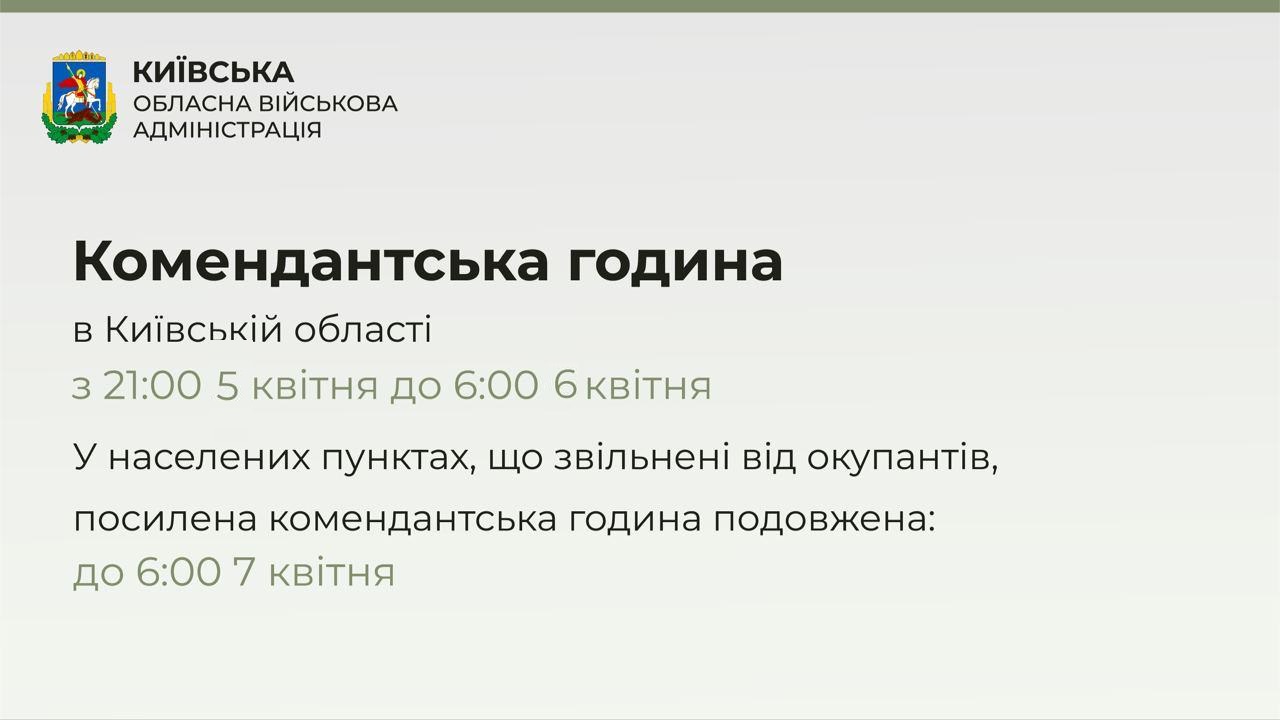 Комендантська година на Київщині з 21:00 5 квітня до 6:00 6 квітня 2022 року
